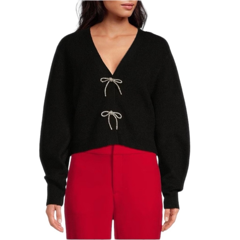 Vigoss Black Cropped V-Neck Sweater with Bow Ties